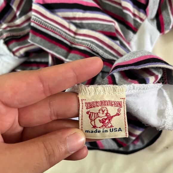 True Religion Buddha Logo Multi Color Stripe Hooded Shirt Sz L - Picture 8 of 10